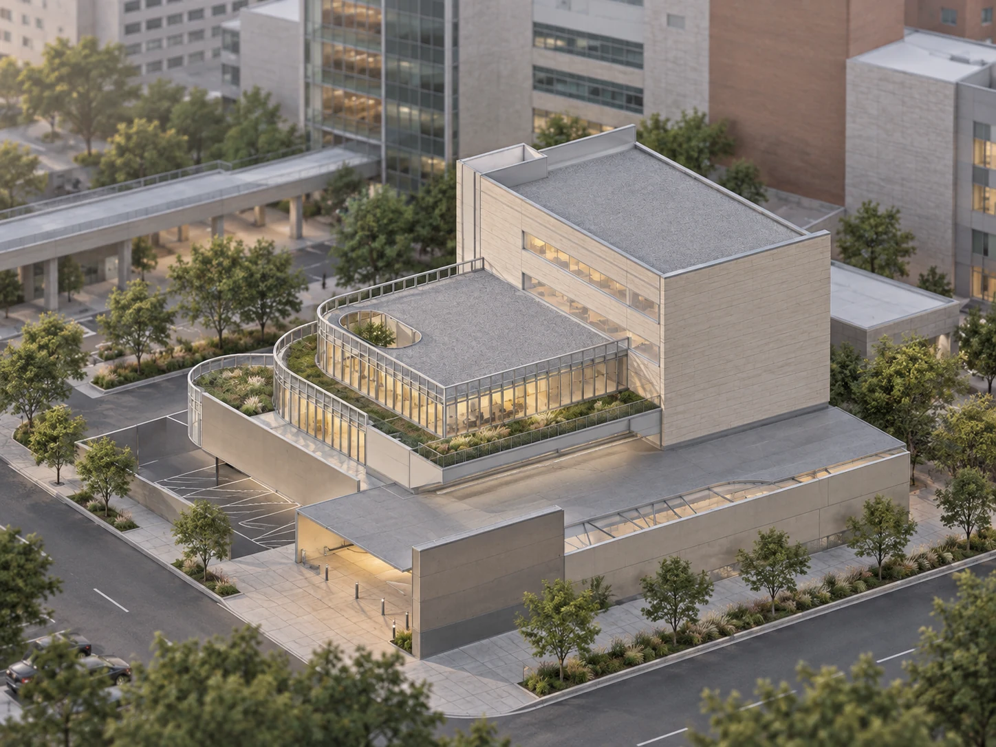 Concept visualization of a stepped behavioral-health facility with curved lower volumes and landscaped terraces.