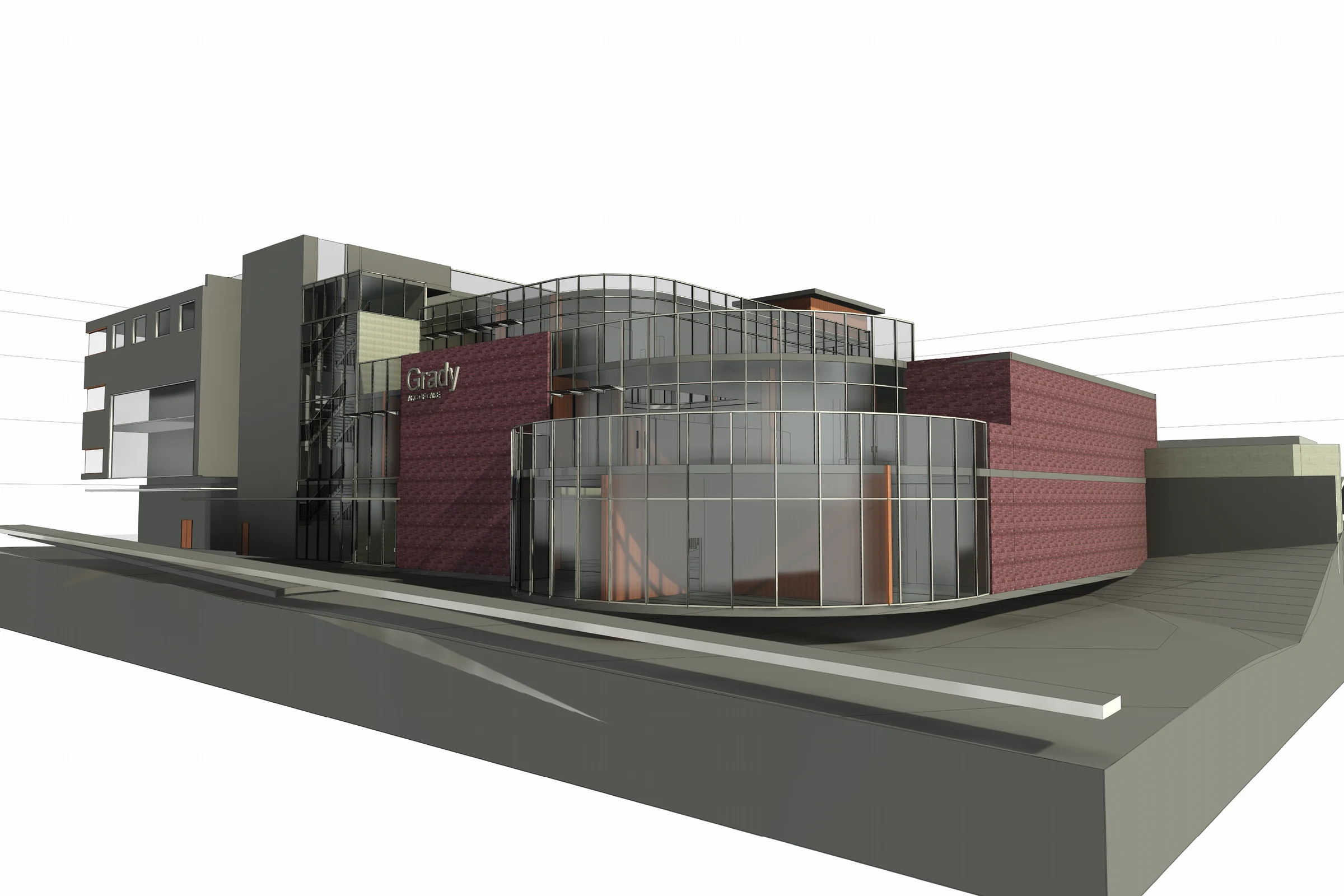 Architectural model view of the proposed behavioral-health facility entrance and stepped upper floors.