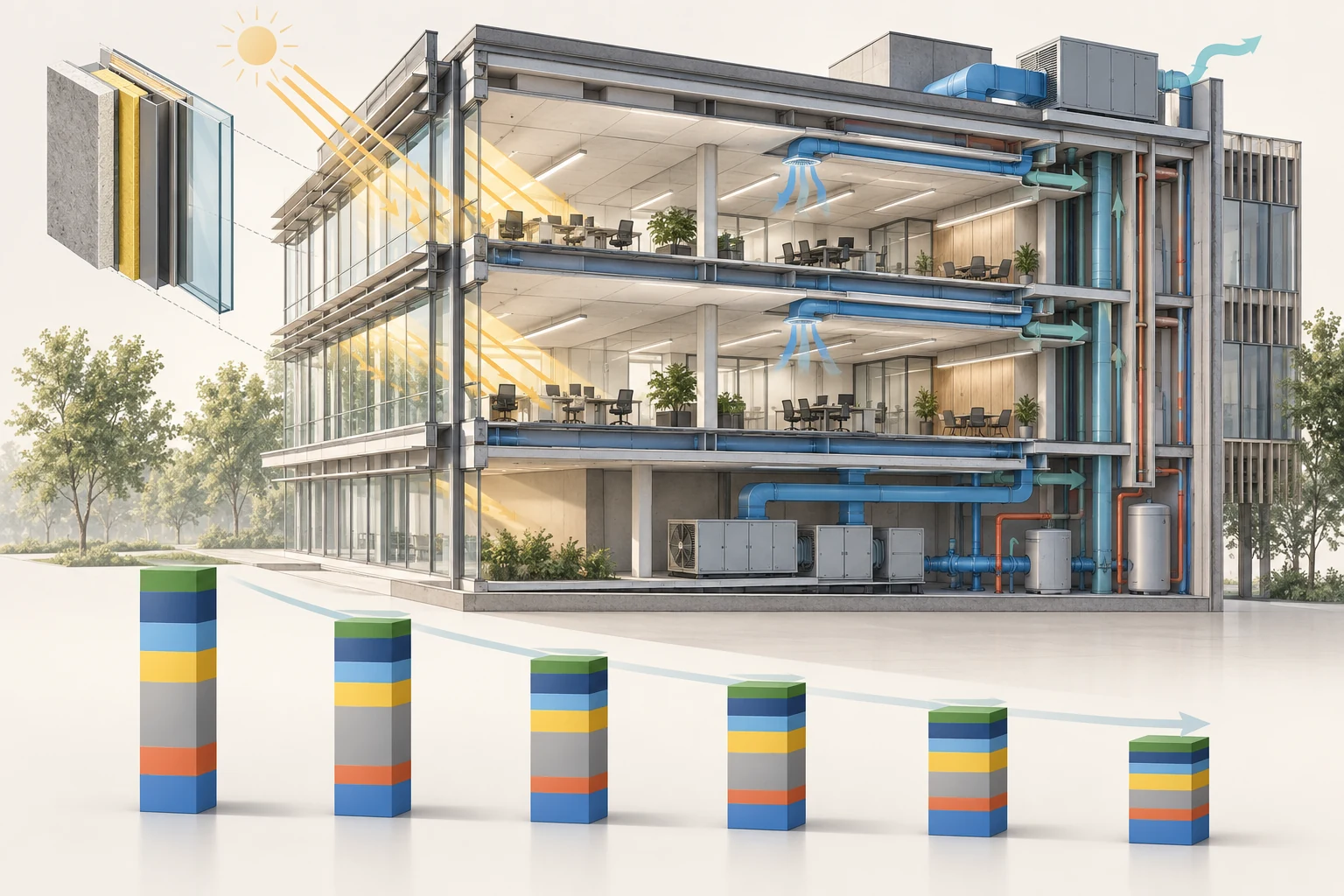 Conceptual cutaway office building showing envelope layers, daylight, internal loads, HVAC paths, and progressively reduced energy stacks.
