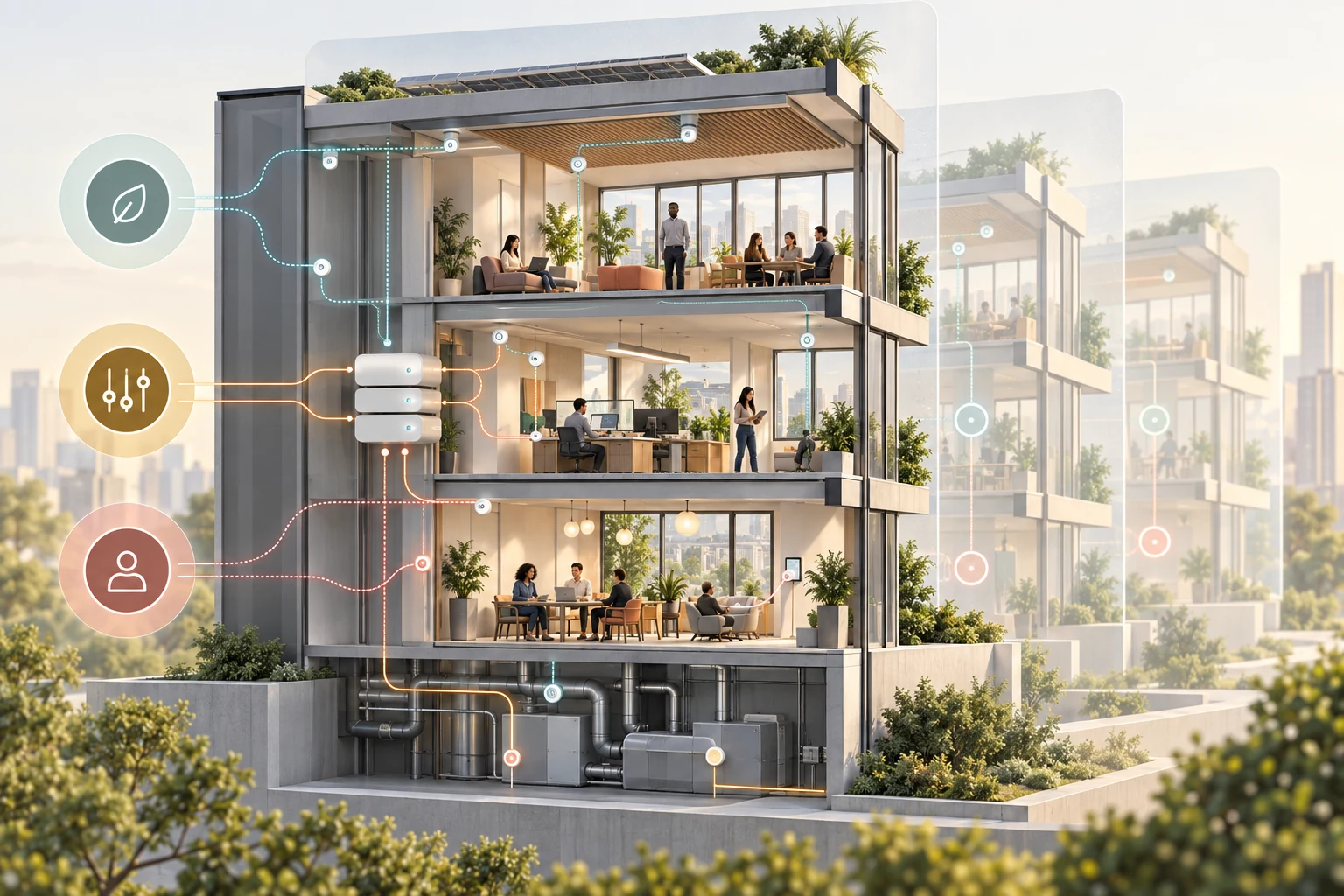 Conceptual editorial building section connecting sensing, intelligent controls, occupant interfaces, and staged deployment.