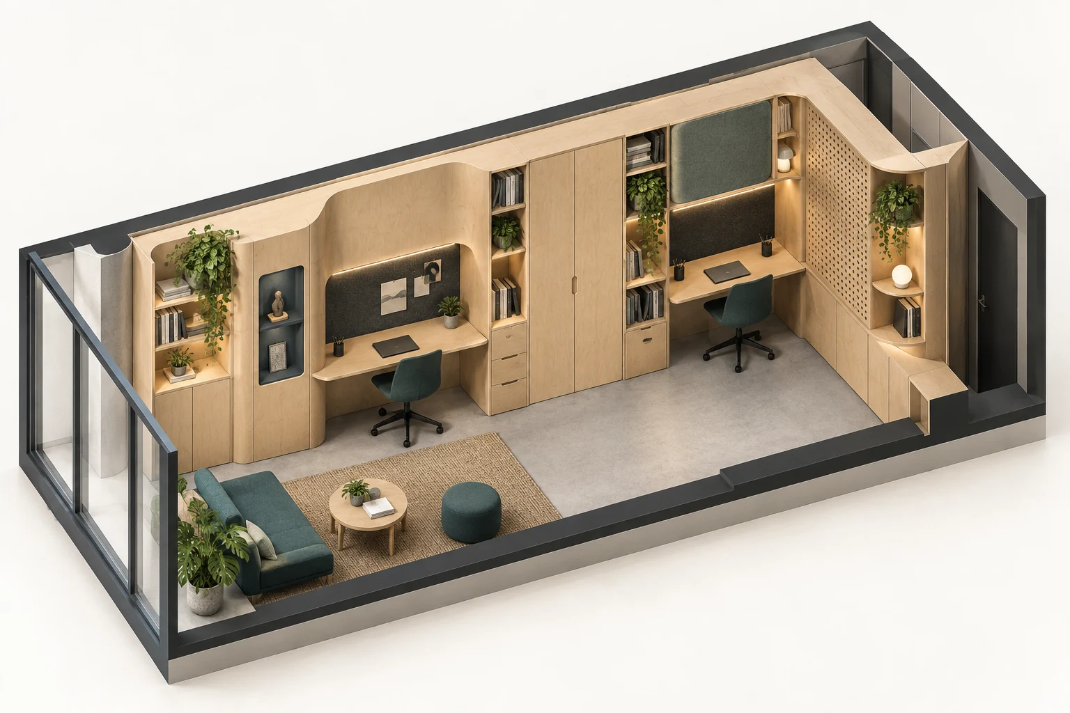 Cutaway axonometric of a 15-square-meter micro-office with two desks, central storage, meeting ledge, and lounge niche.