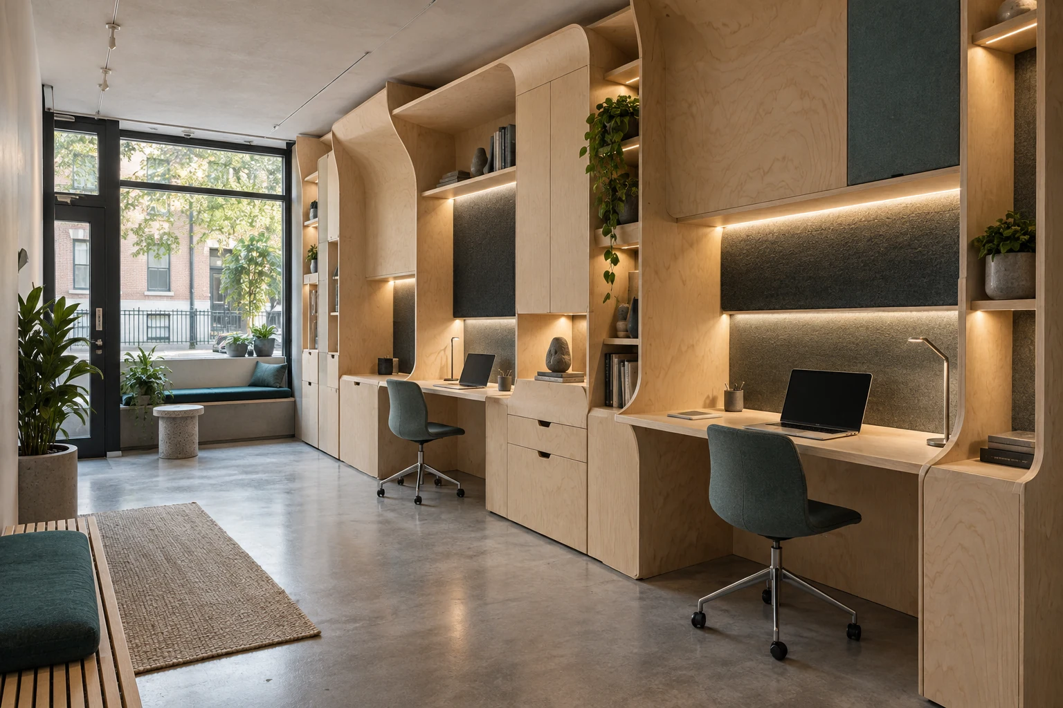 Compact micro-office with a folded birch-plywood service wall, charcoal felt panels, teal accents, and integrated work surfaces.