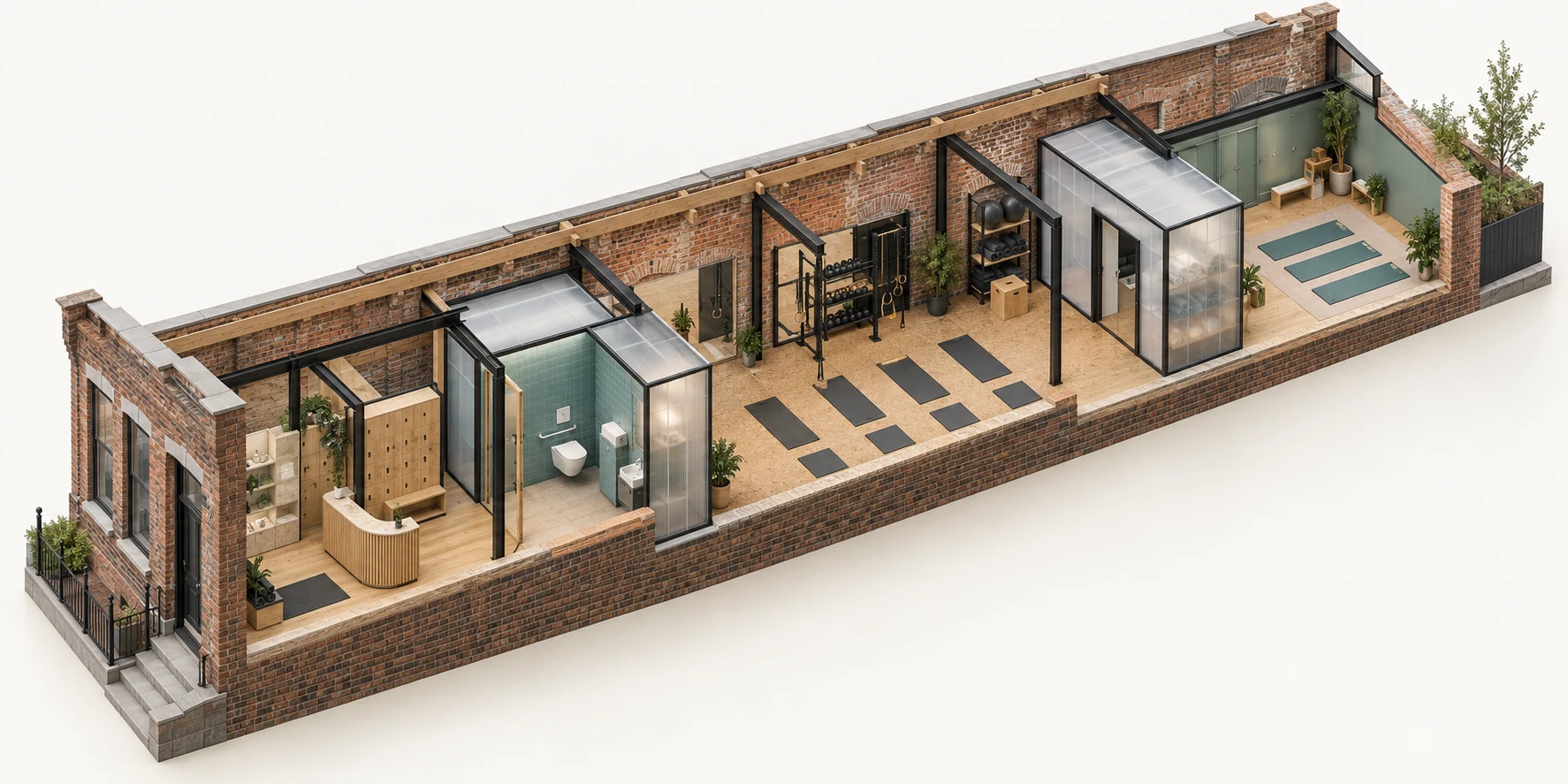 Cutaway axonometric of a narrow adaptive-reuse movement studio with reception, service pod, open studio, and quiet rear zone.
