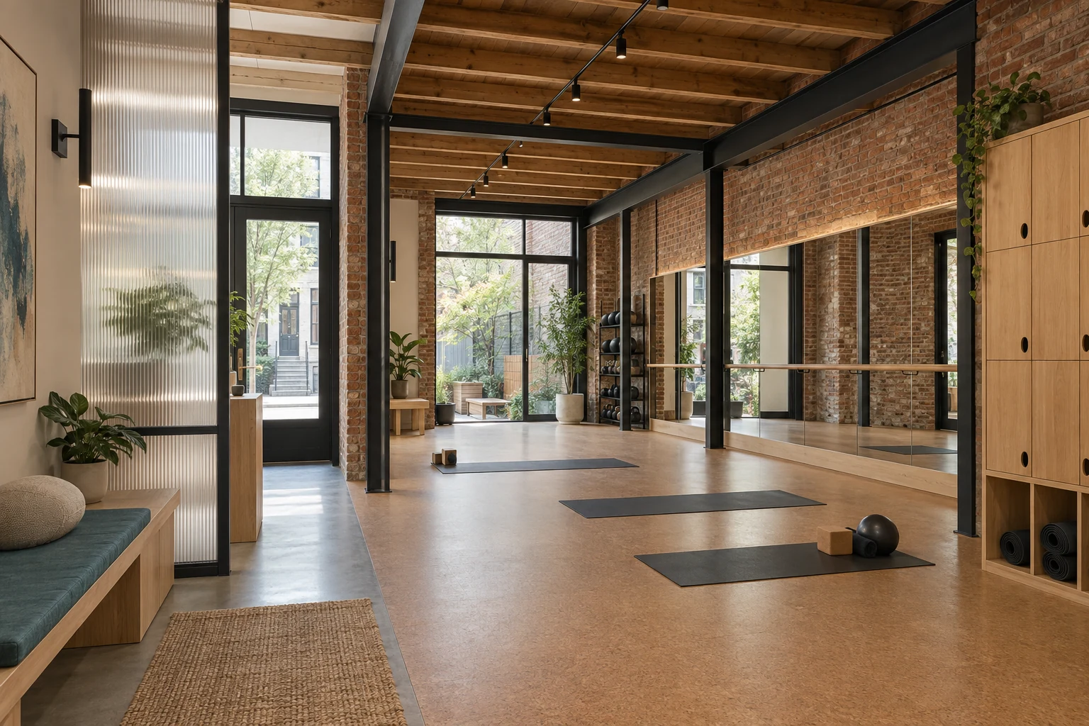 Daylit adaptive-reuse movement studio within an existing brick and timber rowhouse shell.