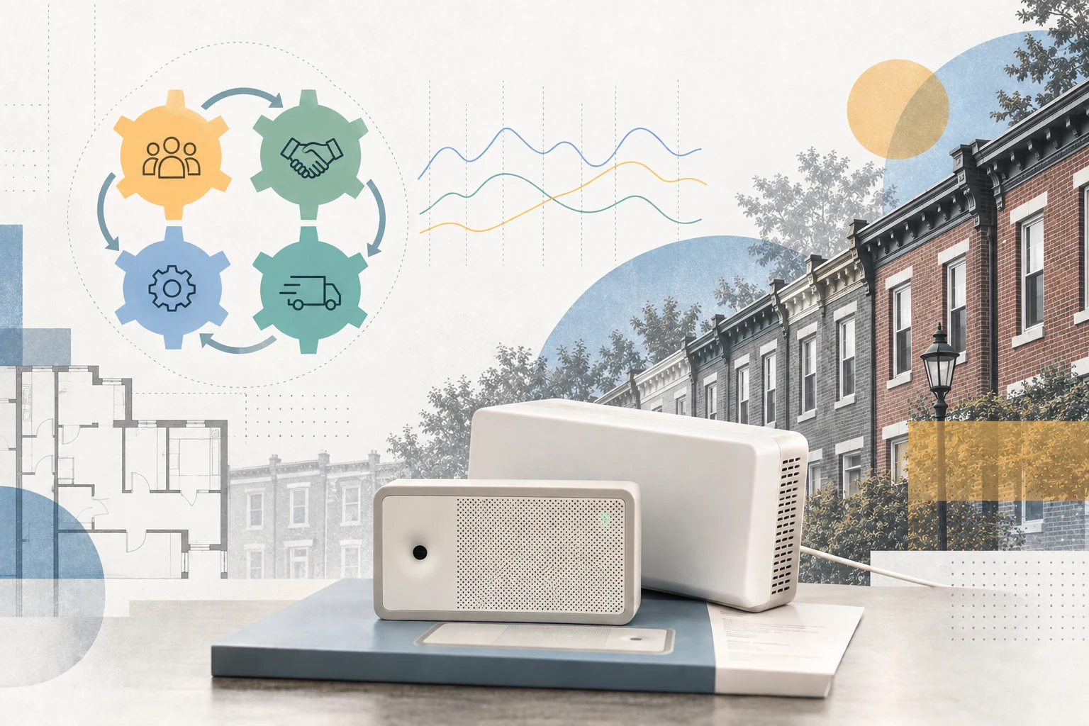 Residential indoor-air-quality monitors shown with rowhouse context, fieldwork domains, and environmental data traces.
