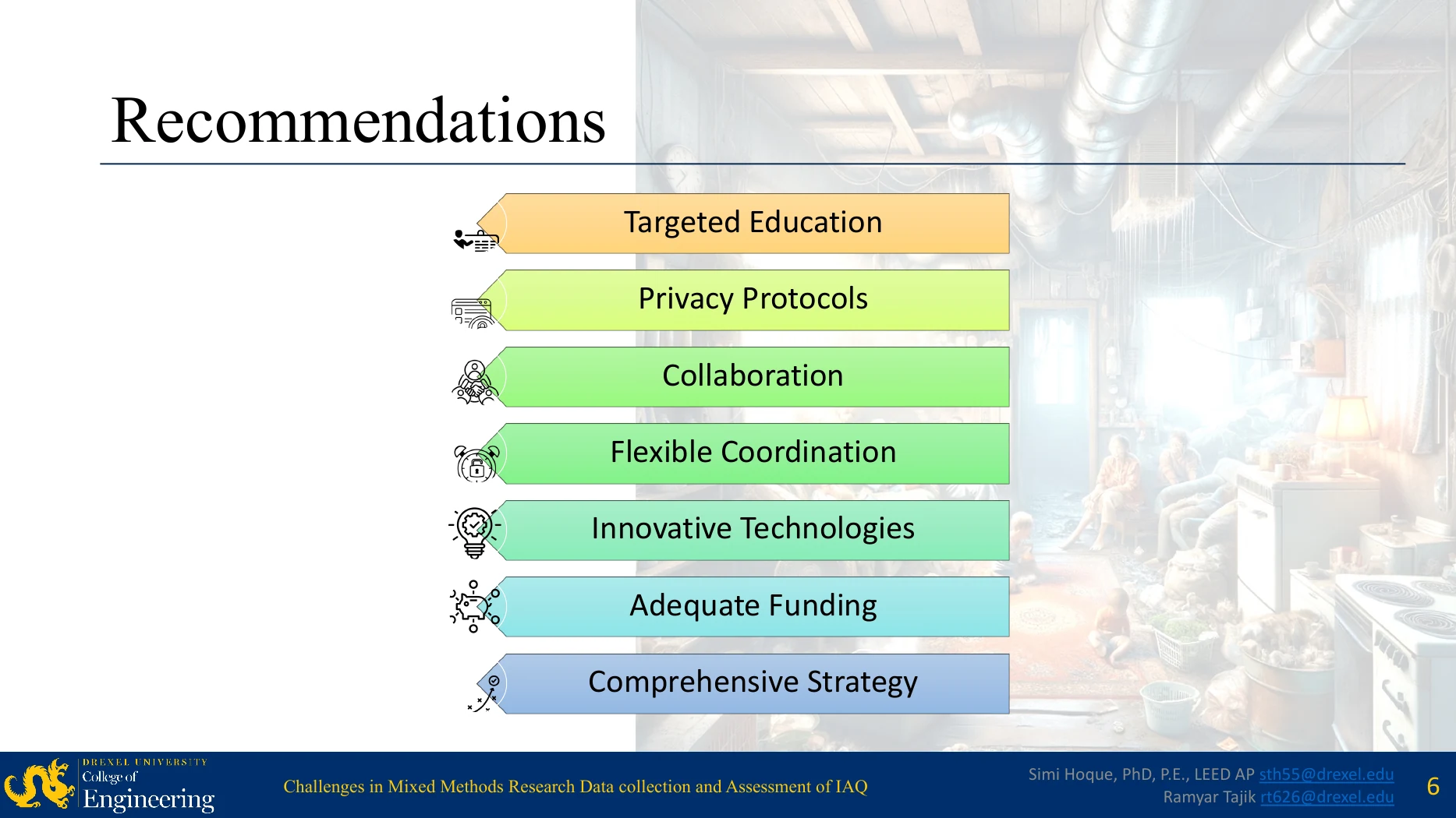 Conference presentation graphic listing seven recommendations for stronger residential IAQ field research.