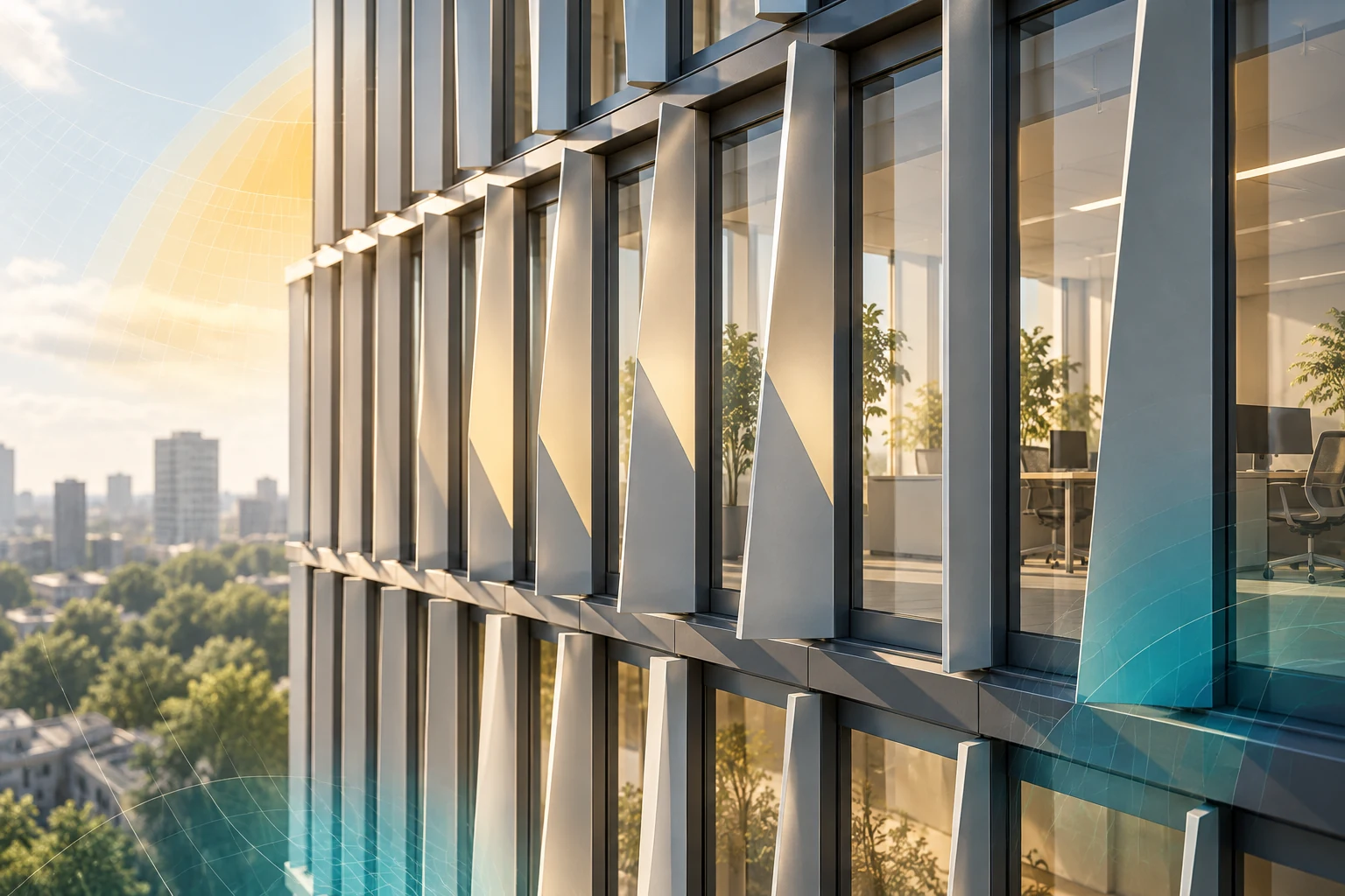 Conceptual editorial rendering of a responsive exterior shading façade under changing daylight.