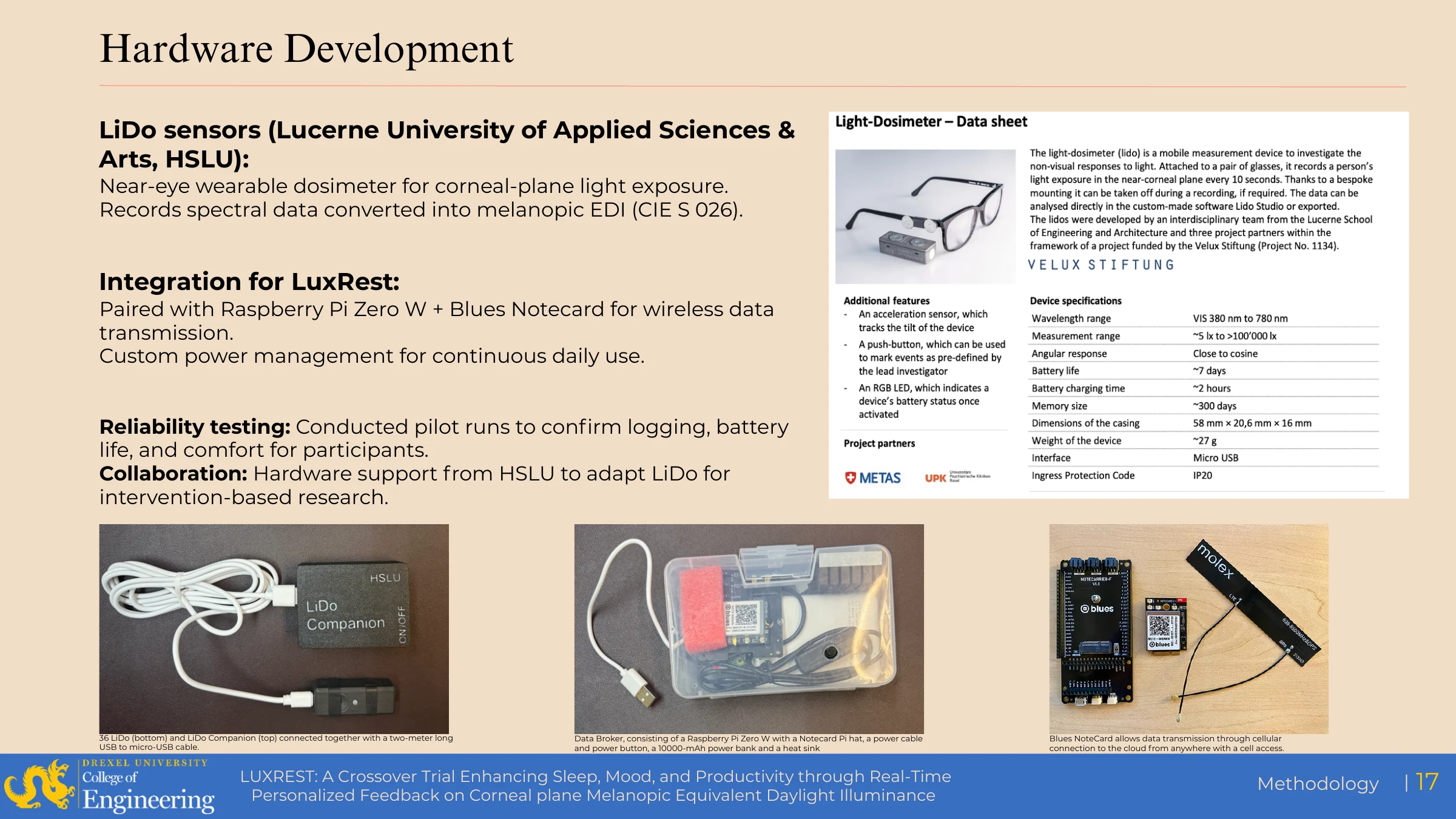 LuxRest proposal slide documenting the LiDo dosimeter, companion electronics, data broker, and wireless Notecard components.