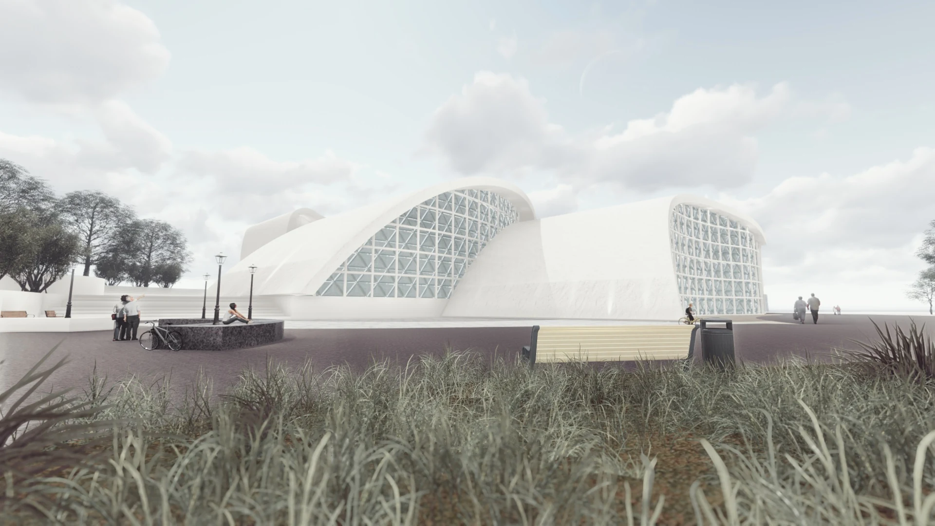 Exterior architectural perspective of a contemporary-art museum composed of geometric volumes.