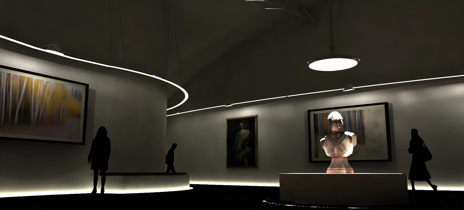Interior rendering of a contemporary-art gallery with controlled daylight.