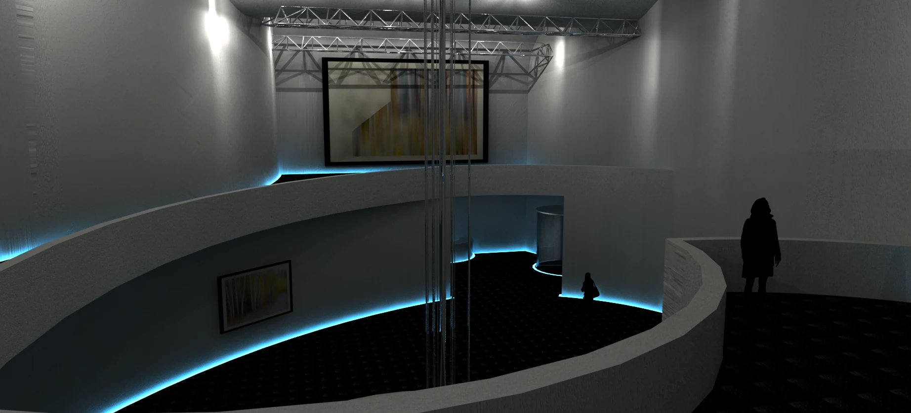 Museum lobby interior connecting circulation, gathering, and landscape views.