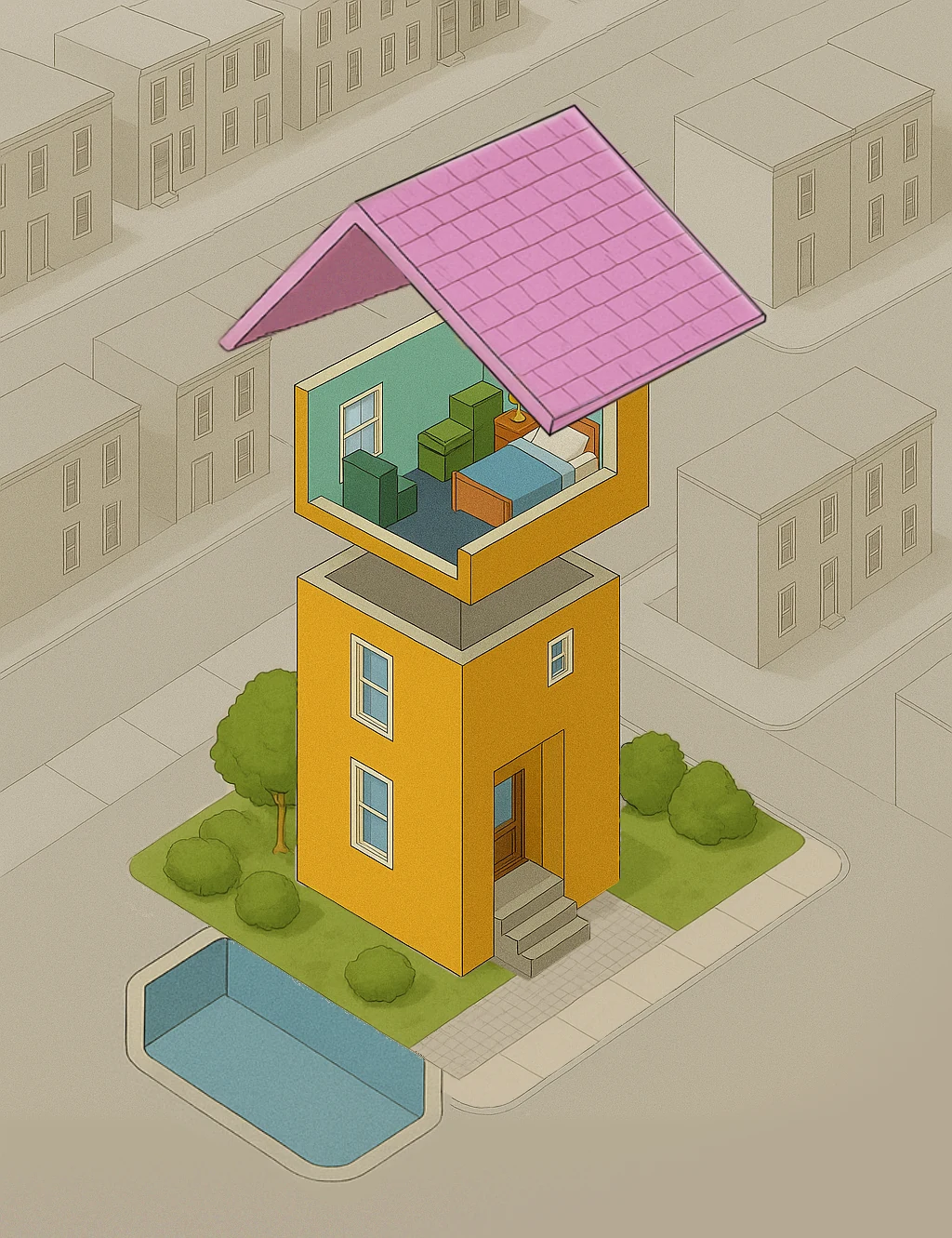 Axonometric drawing of rowhouse-scale nature-based heat-mitigation strategies.