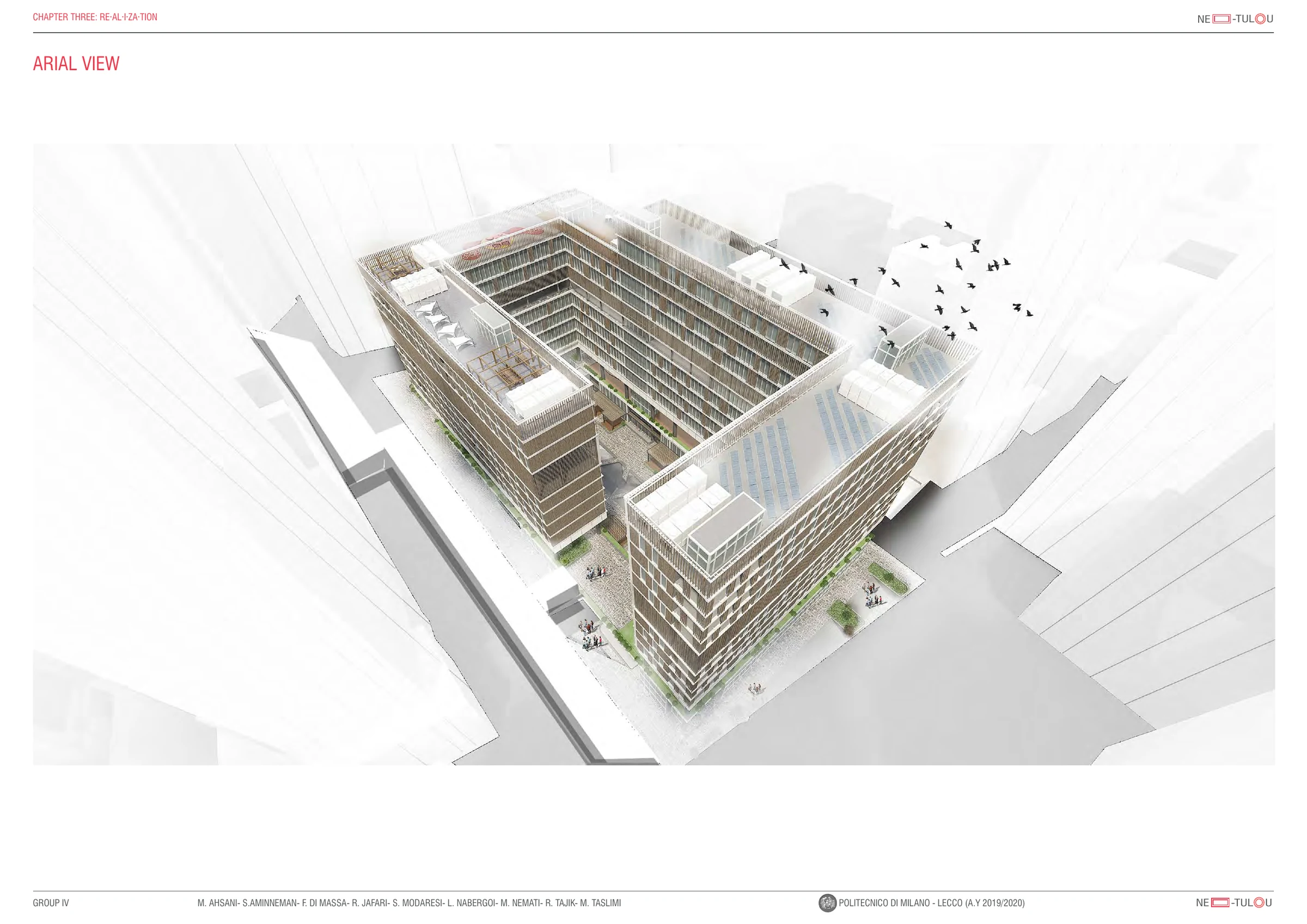Aerial architectural rendering of a dense circular housing complex surrounding a landscaped courtyard.