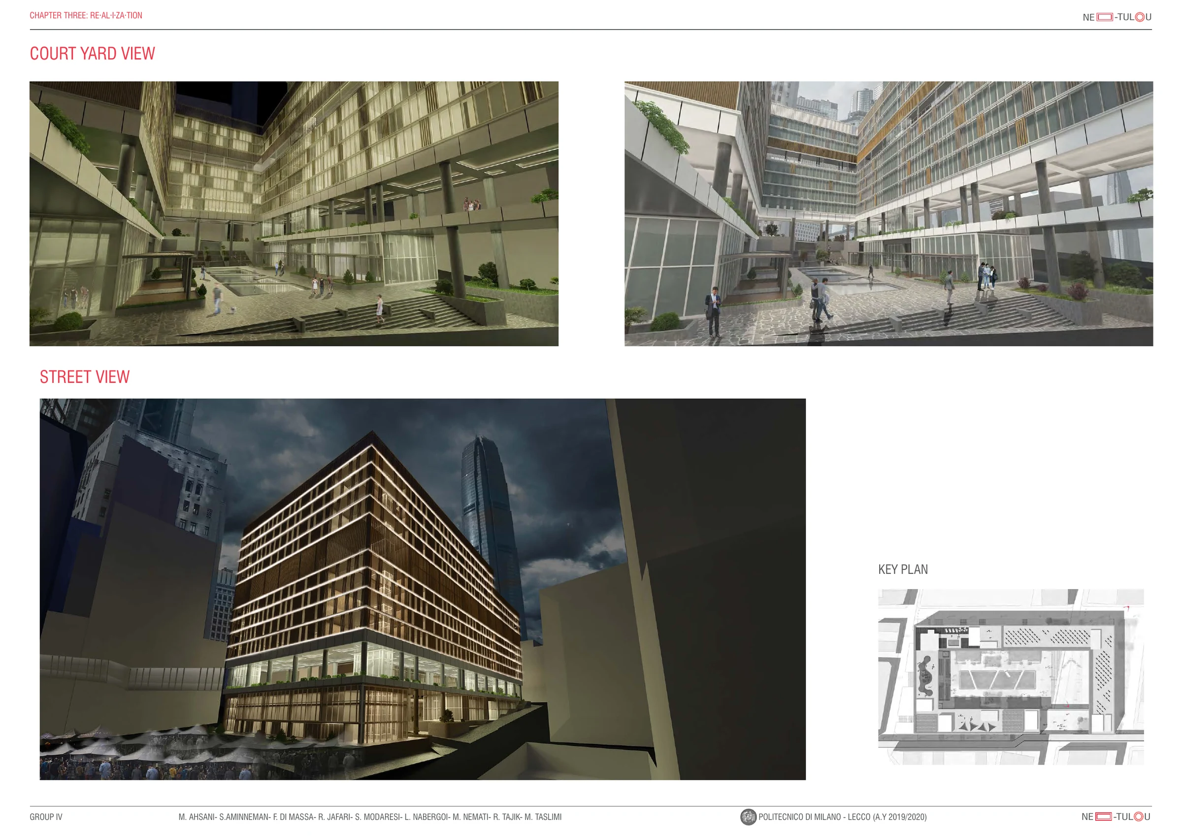 Architectural views of the planted courtyard and the project’s street-facing edge.