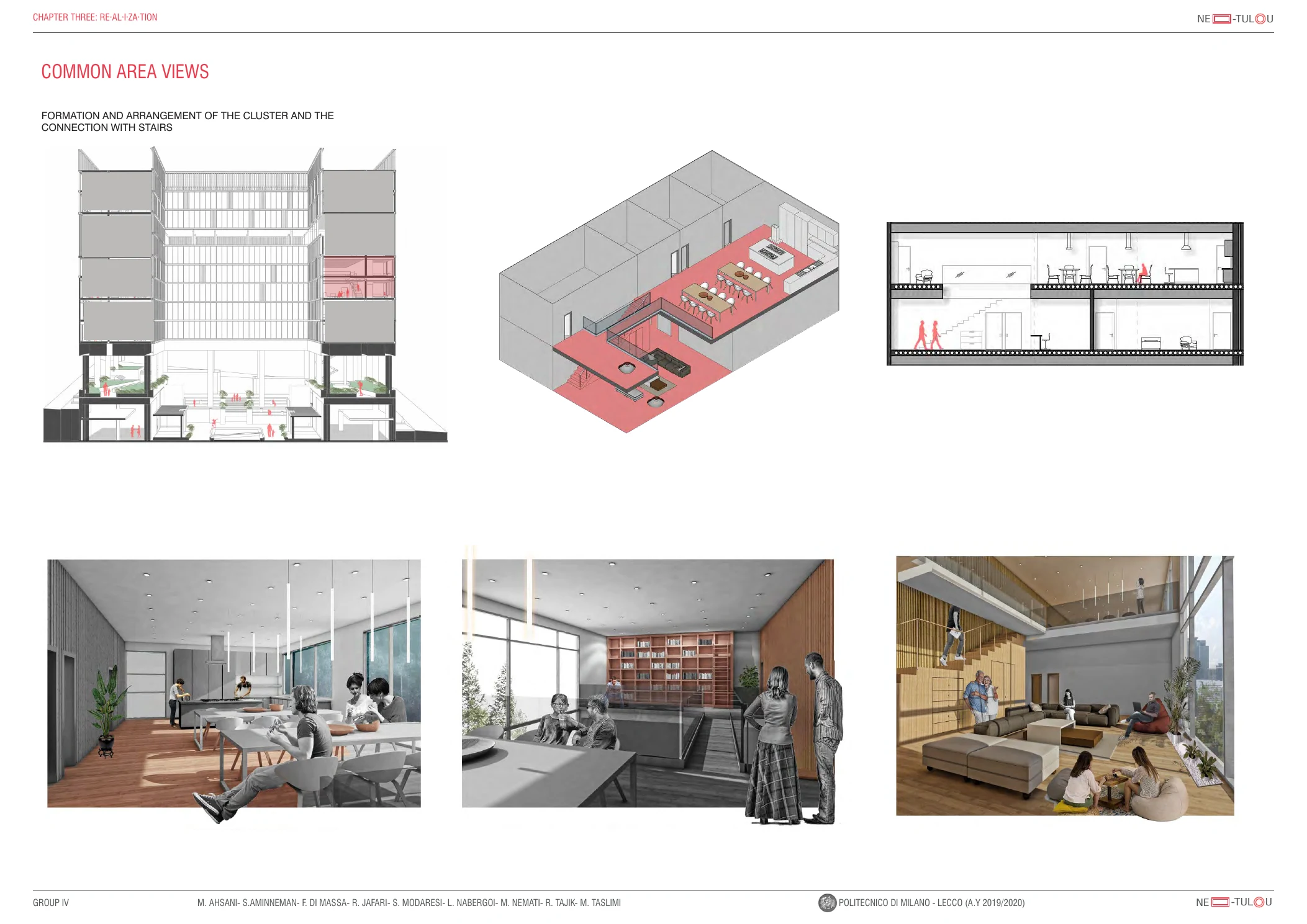 Architectural views and cutaway section through NEO-TULOU shared spaces.