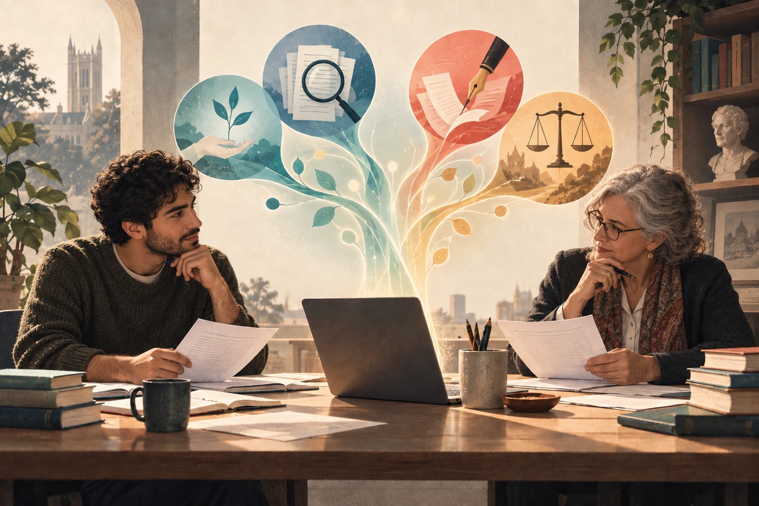 Editorial illustration of a doctoral student and senior advisor critically reviewing academic work together.