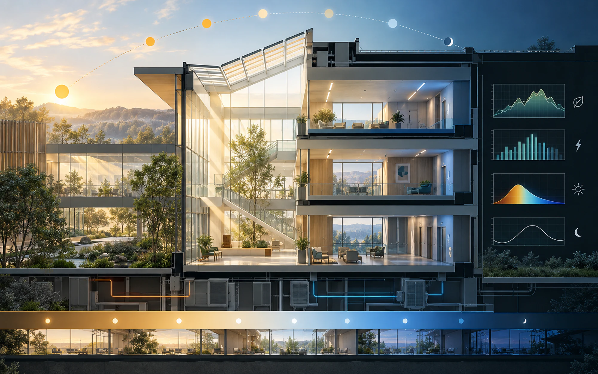 Architectural healthcare section transitioning from warm daylight to cooler evening conditions, with integrated energy and circadian-light performance graphics.