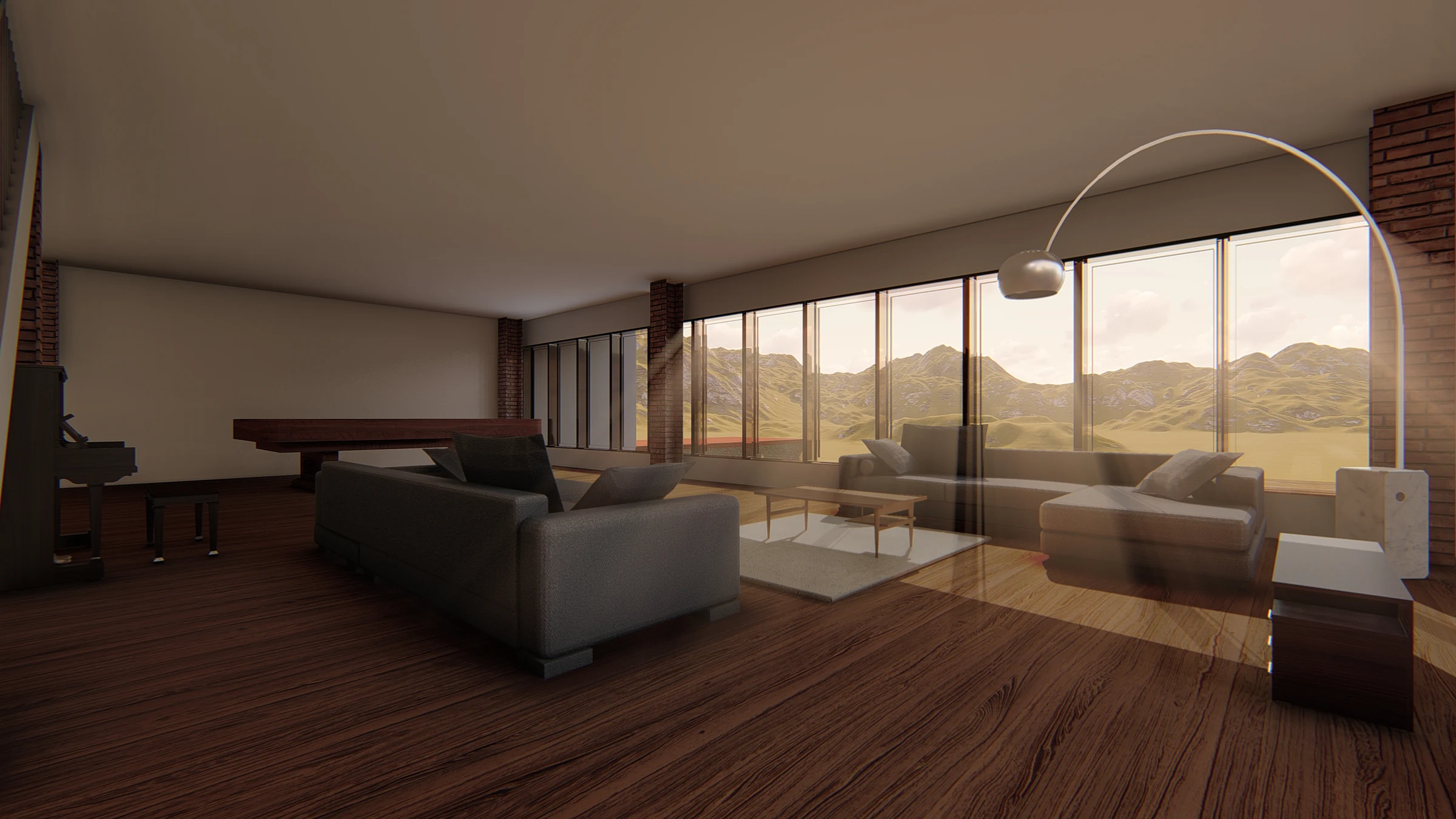 Warm resort lounge interior opening toward a broad mountain view.