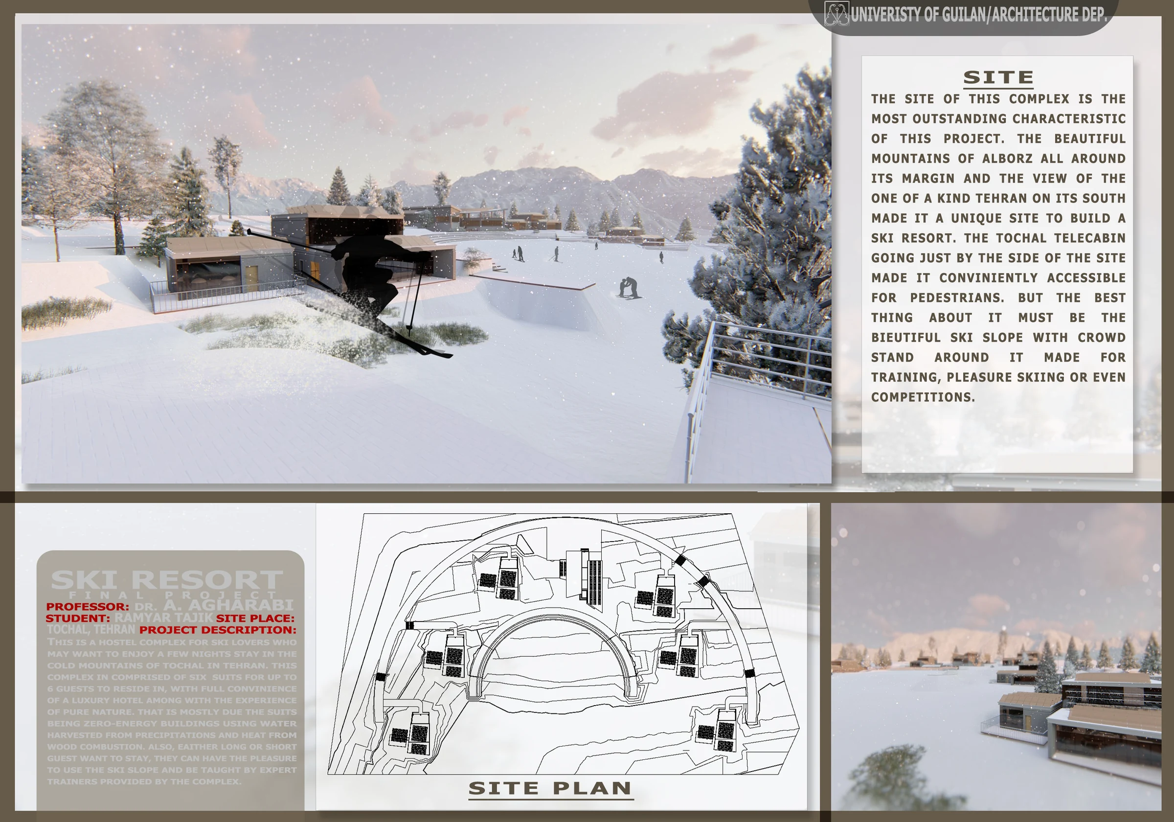Architectural presentation board describing materials, environmental systems, and technical resolution.