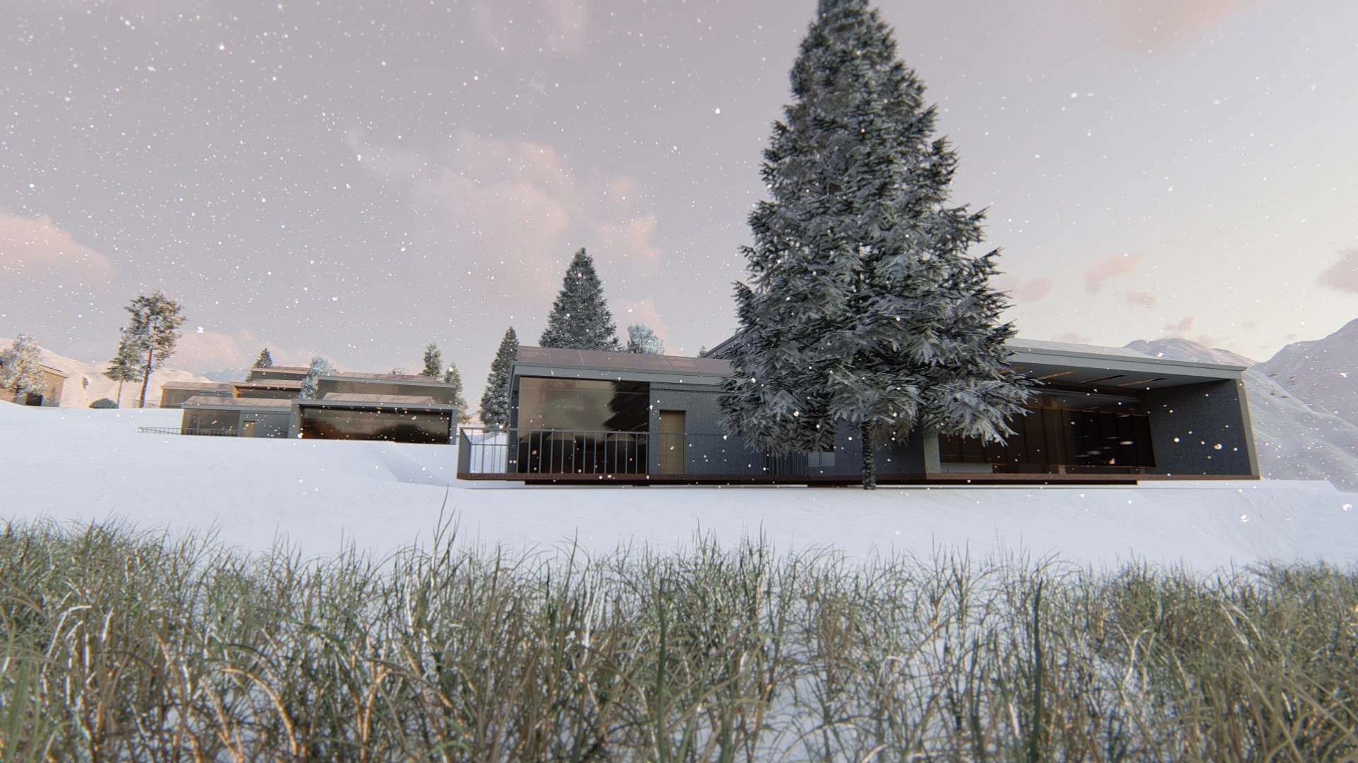 Architectural rendering of low mountain-resort buildings set into a snowy, sloped landscape.