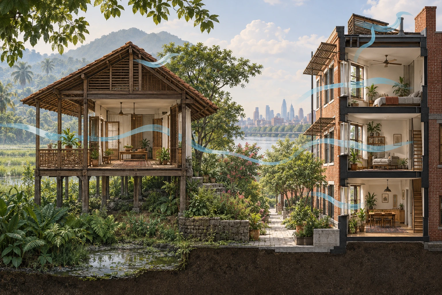 Conceptual comparative section joining an elevated vernacular house in Guilan with a shaded and naturally ventilated Philadelphia rowhouse.