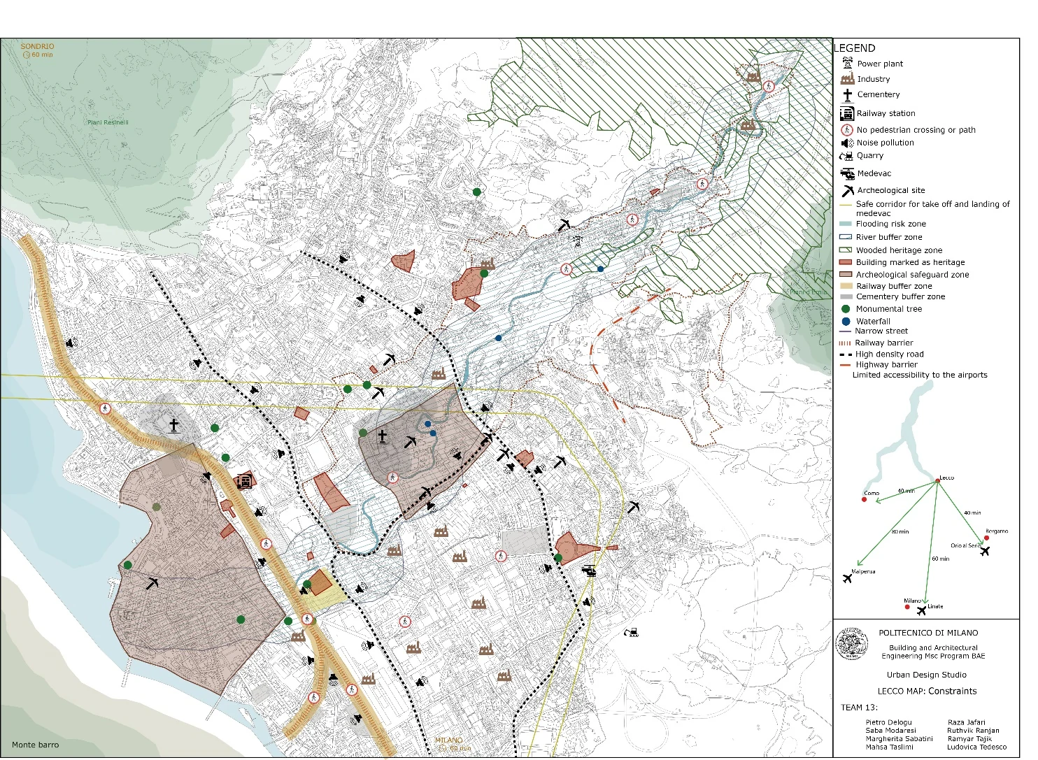Constraints map of Lecco showing transport barriers, industrial sites, missing pedestrian links, flood risk, and environmental protections.