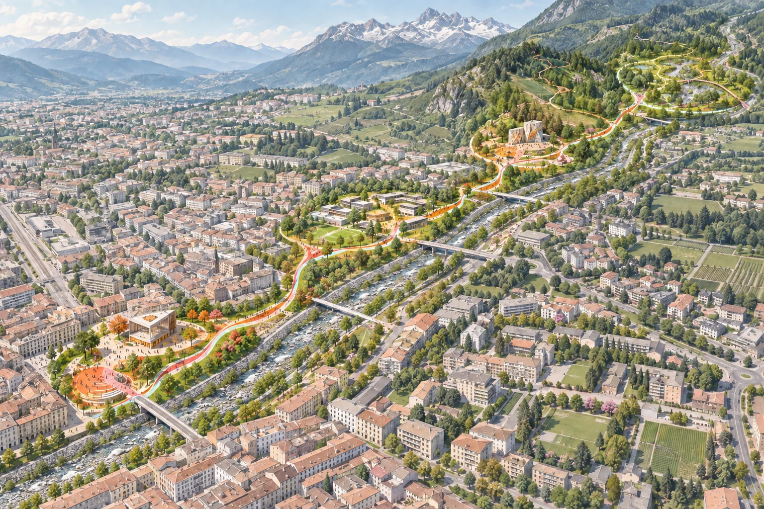 Conceptual aerial urban-landscape illustration of four public activity nodes connected along a narrow Alpine stream corridor.
