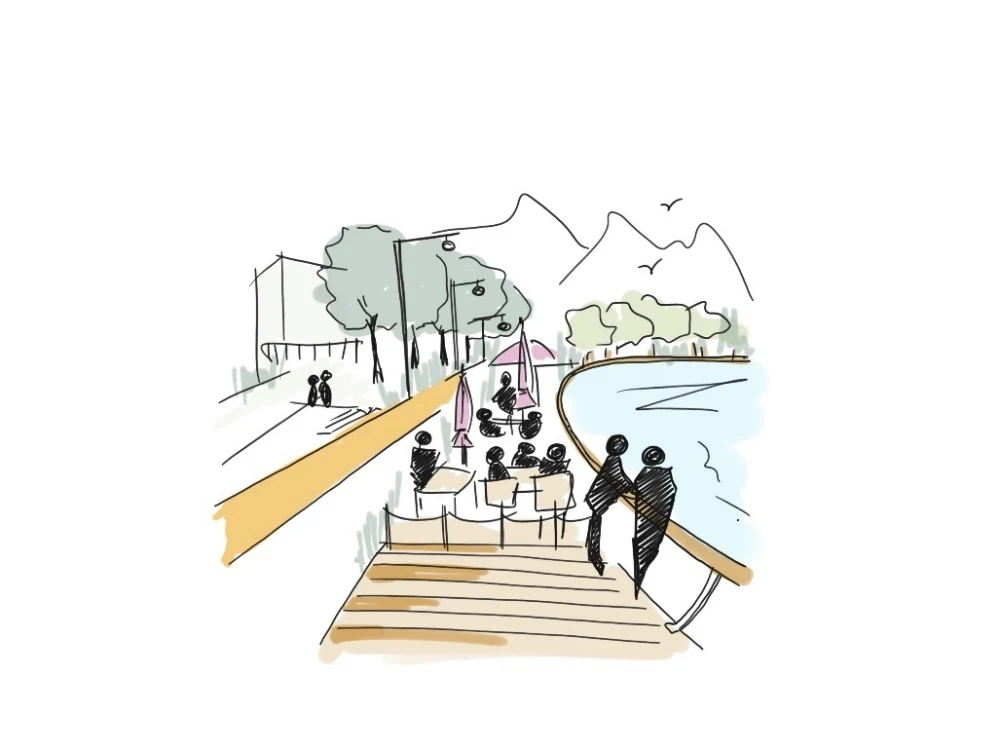 Concept sketch of an active public terrace beside the Caldone torrent with seating, planting, and a continuous path.